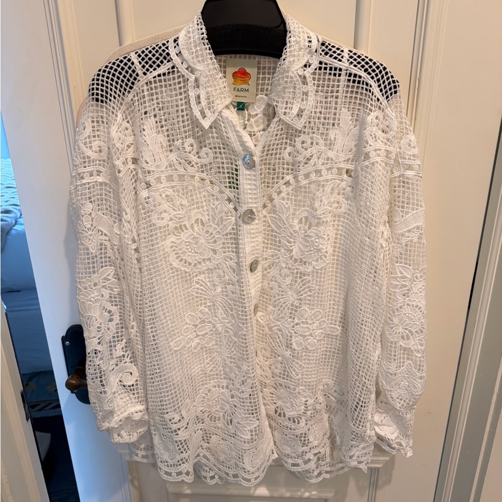 FARM Rio White Crochet Lace Button-Front Blouse - Picture 4 of 5